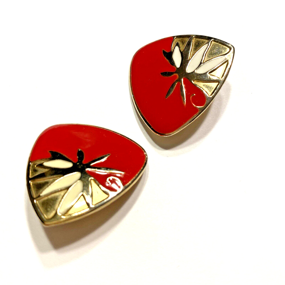Vintage Clip On Earrings Chunky 1980’s Goldtone Red & Cream Enamel Boss Lady